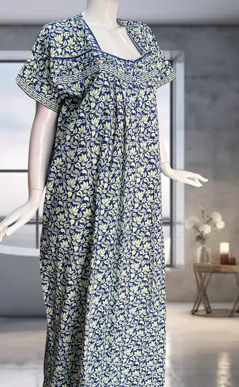 Blue Floral Pure Cotton Nighty. Pure Durable Cotton | Laces and Frills