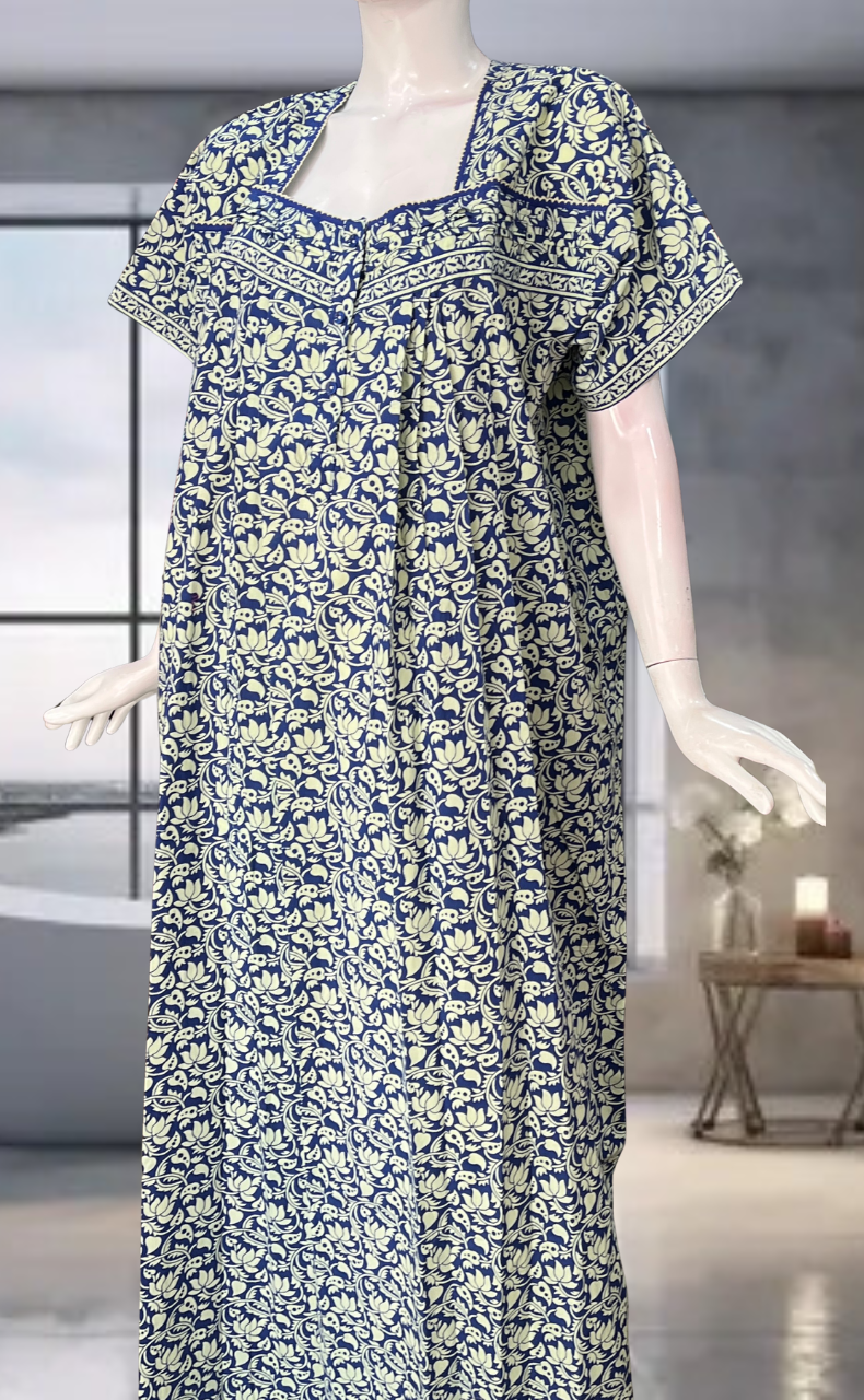 Blue Floral Pure Cotton Nighty. Pure Durable Cotton | Laces and Frills