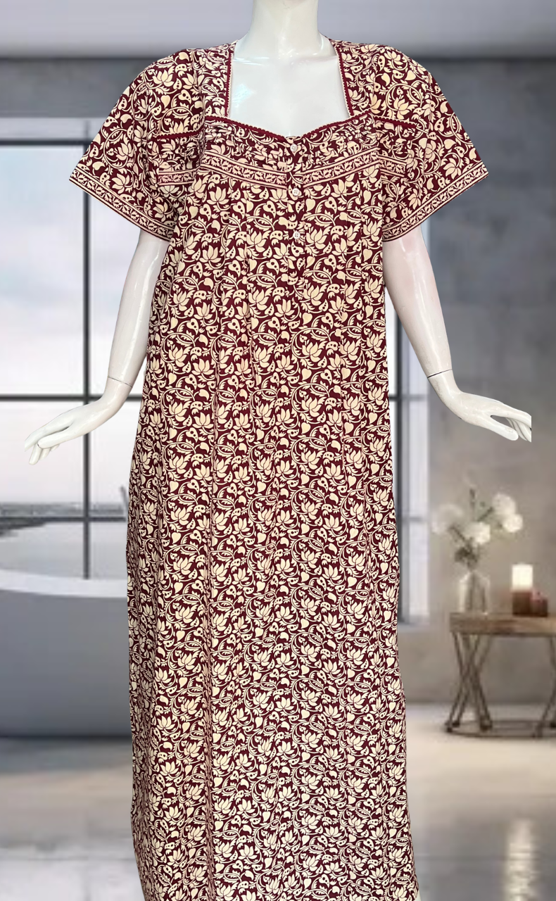 Maroon Floral Pure Cotton Nighty. Pure Durable Cotton | Laces and Frills