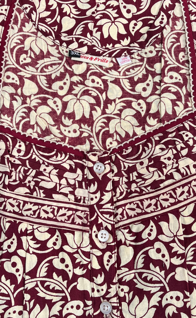 Maroon Floral Pure Cotton Nighty. Pure Durable Cotton | Laces and Frills