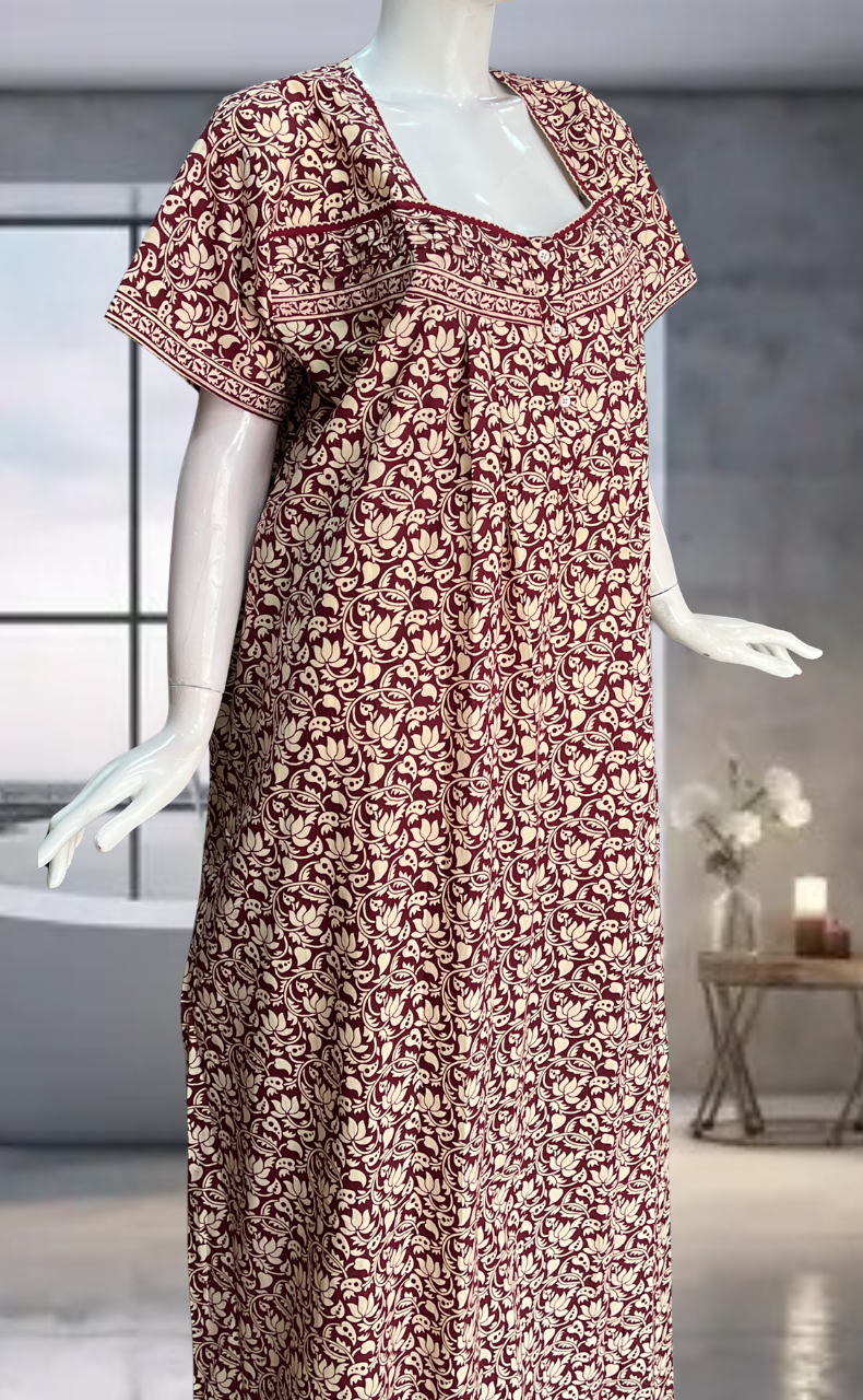 Maroon Floral Pure Cotton Nighty. Pure Durable Cotton | Laces and Frills