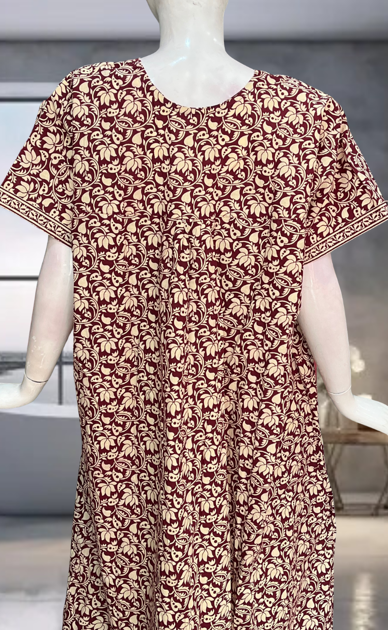 Maroon Floral Pure Cotton Nighty. Pure Durable Cotton | Laces and Frills