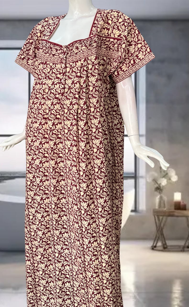 Maroon Floral Pure Cotton Nighty. Pure Durable Cotton | Laces and Frills