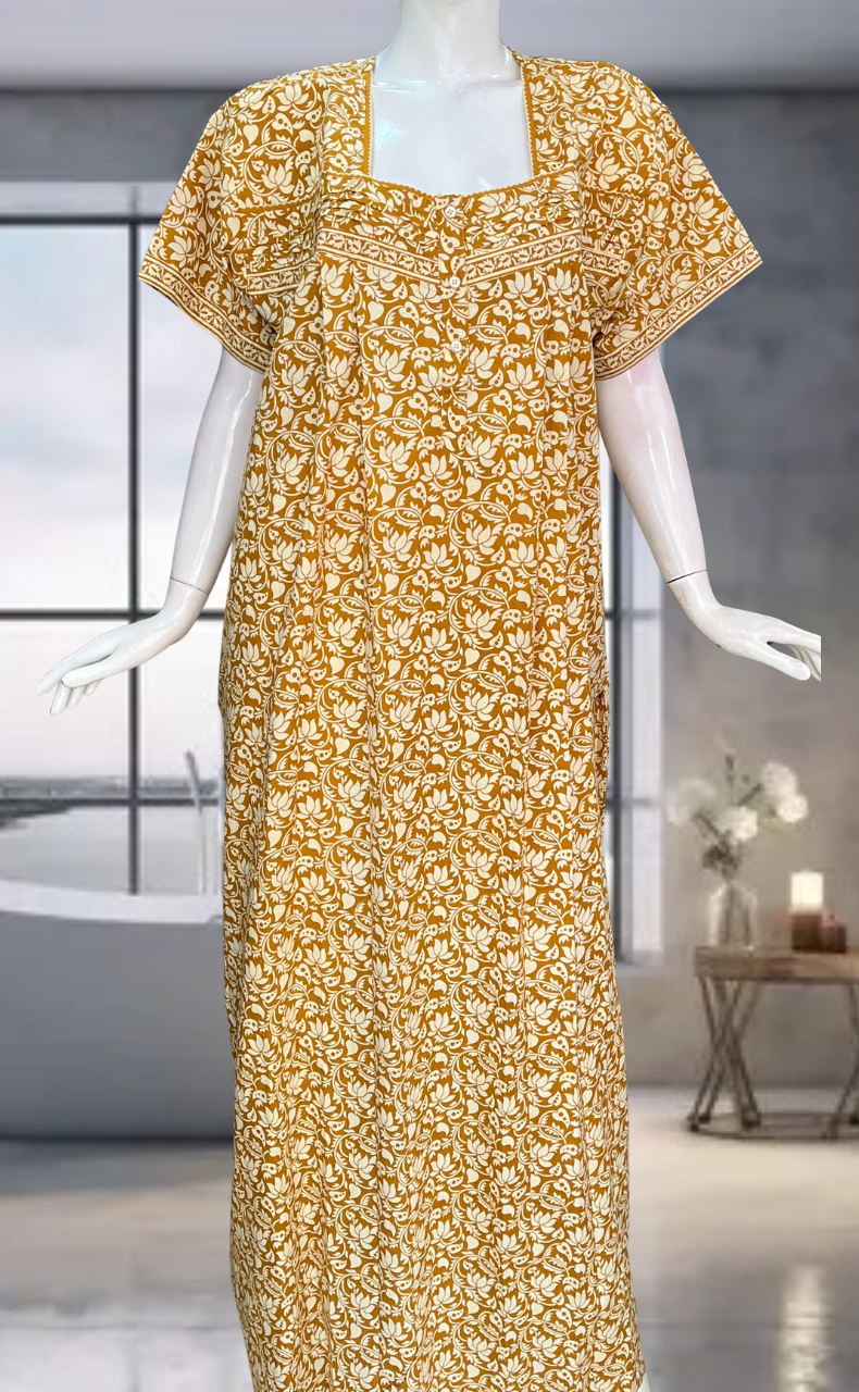 Mustard Floral Pure Cotton Nighty. Pure Durable Cotton | Laces and Frills