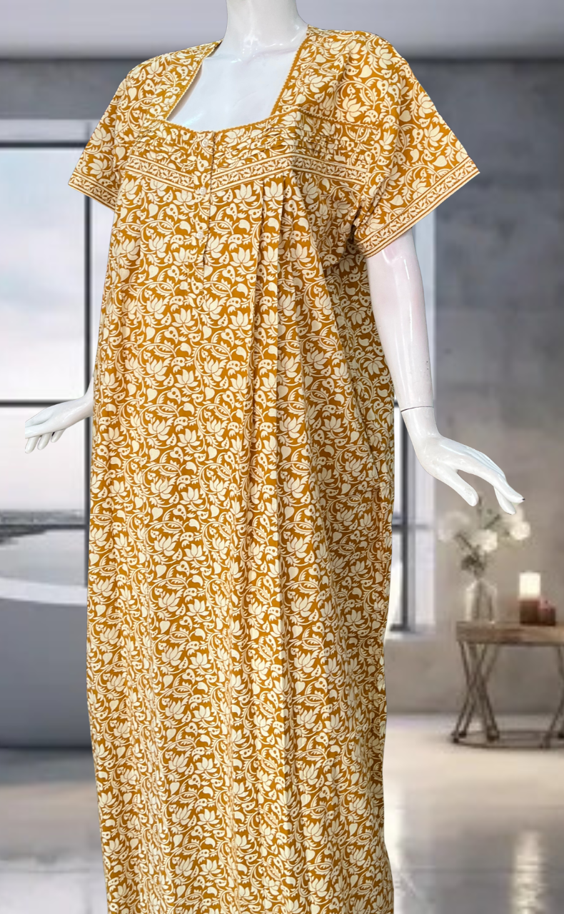 Mustard Floral Pure Cotton Nighty. Pure Durable Cotton | Laces and Frills