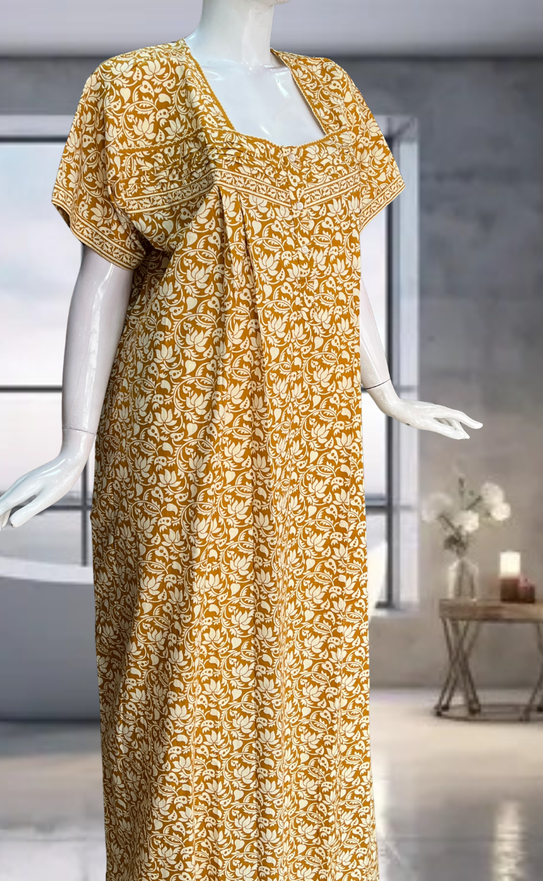 Mustard Floral Pure Cotton Nighty. Pure Durable Cotton | Laces and Frills