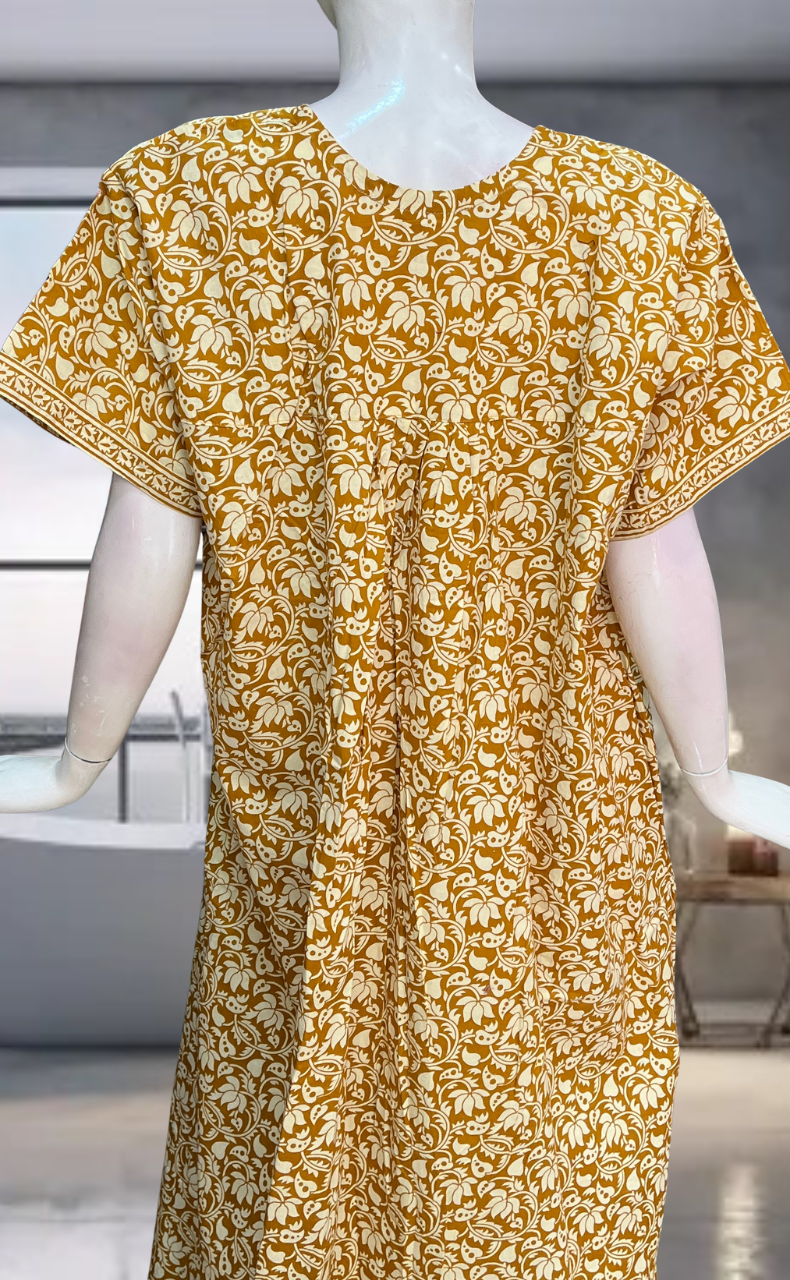 Mustard Floral Pure Cotton Nighty. Pure Durable Cotton | Laces and Frills