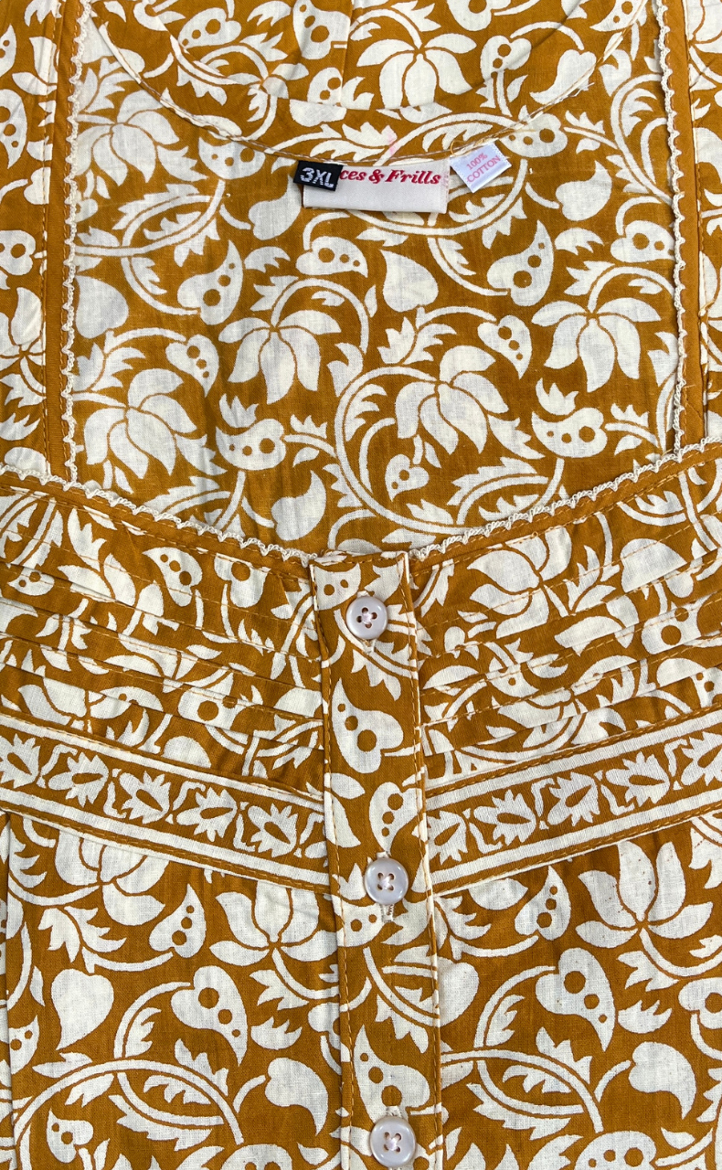 Mustard Floral Pure Cotton Nighty. Pure Durable Cotton | Laces and Frills