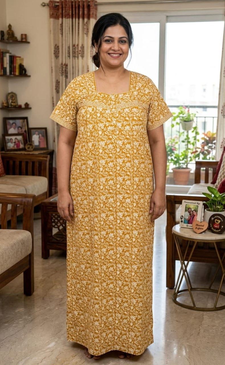 Mustard Floral Pure Cotton Nighty. Pure Durable Cotton | Laces and Frills
