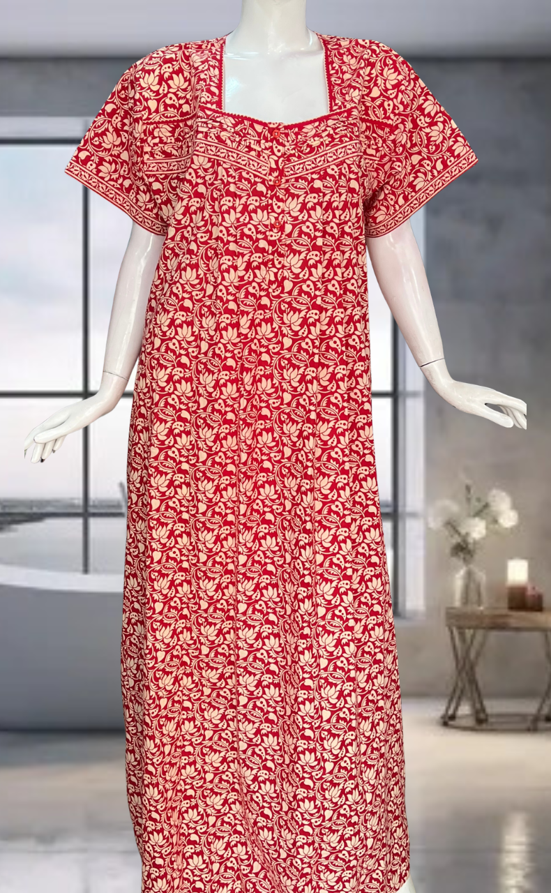 Red Floral Pure Cotton Nighty. Pure Durable Cotton | Laces and Frills