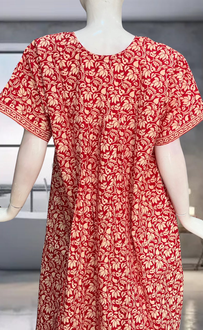Red Floral Pure Cotton Nighty. Pure Durable Cotton | Laces and Frills