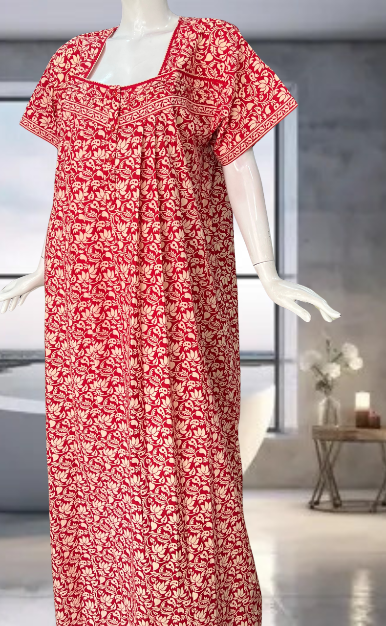 Red Floral Pure Cotton Nighty. Pure Durable Cotton | Laces and Frills
