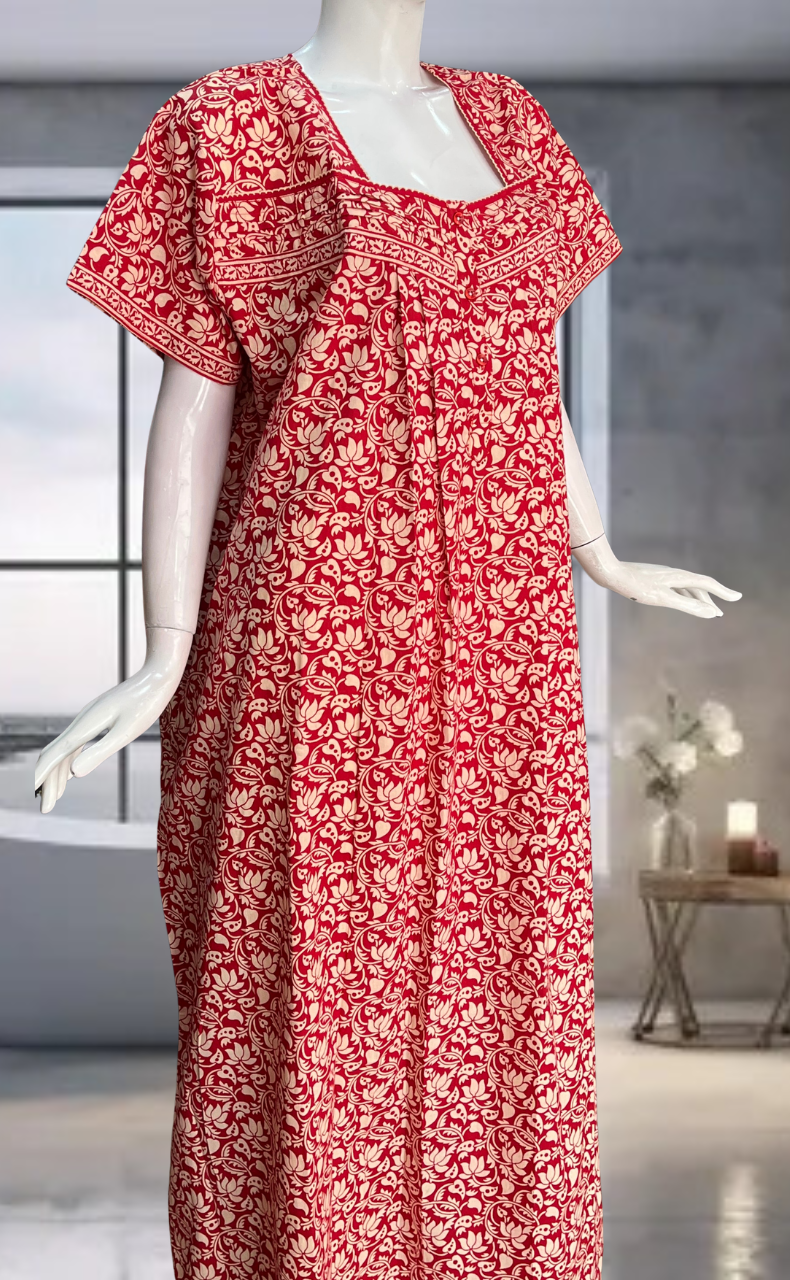 Red Floral Pure Cotton Nighty. Pure Durable Cotton | Laces and Frills