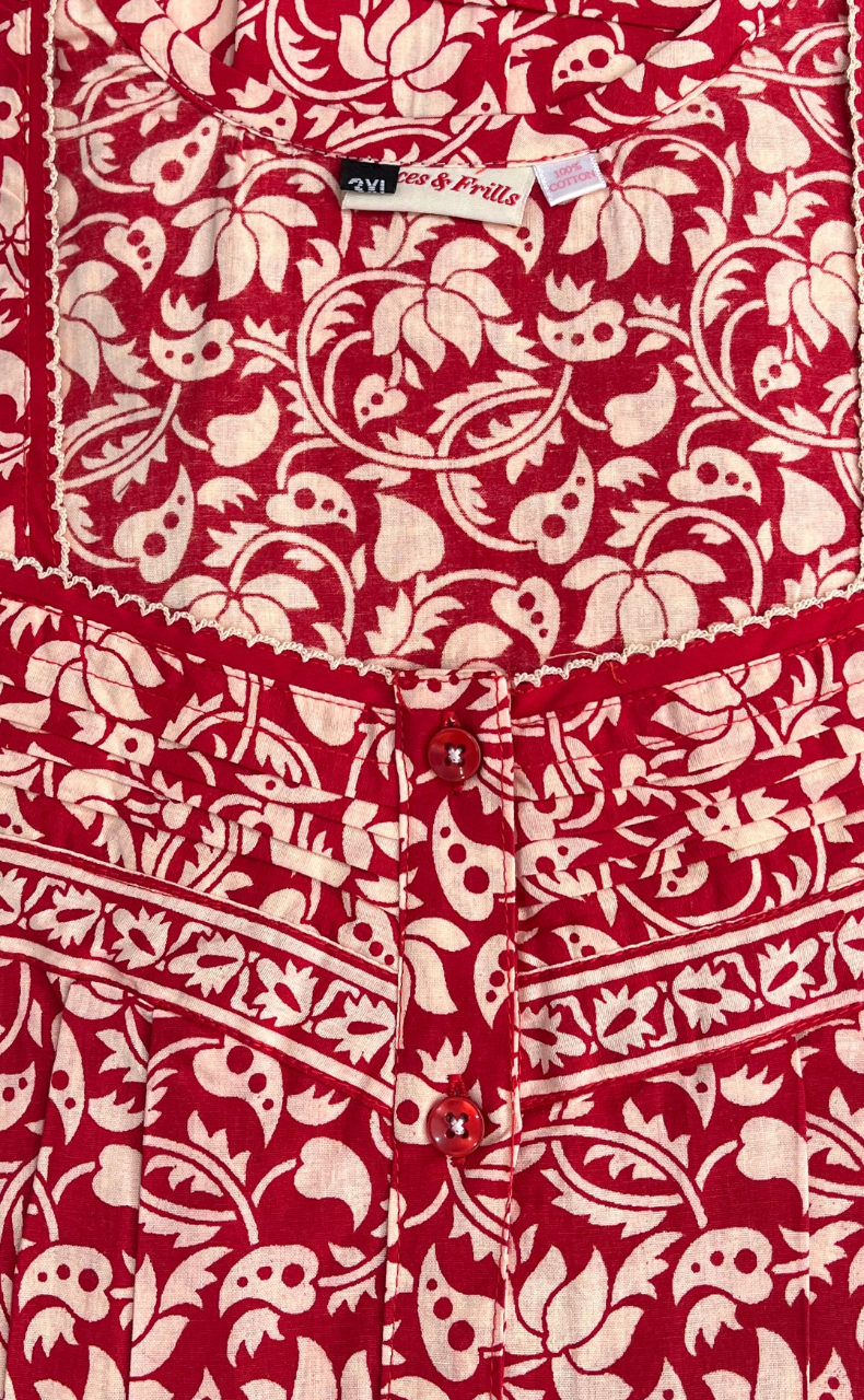 Red Floral Pure Cotton Nighty. Pure Durable Cotton | Laces and Frills