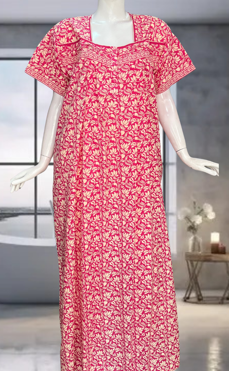 Pink Floral Pure Cotton Nighty. Pure Durable Cotton | Laces and Frills