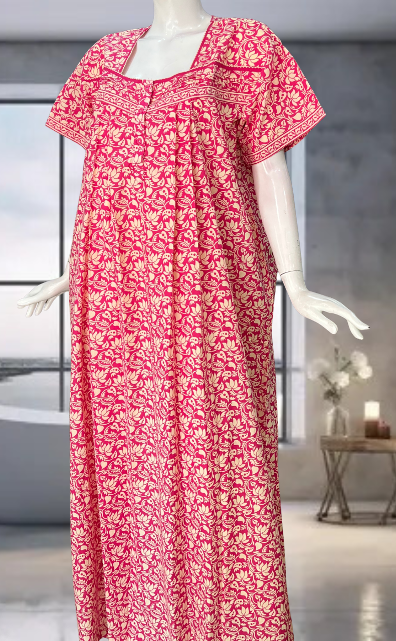 Pink Floral Pure Cotton Nighty. Pure Durable Cotton | Laces and Frills