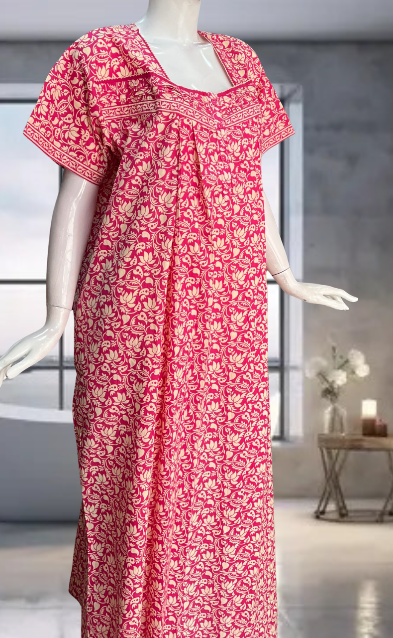 Pink Floral Pure Cotton Nighty. Pure Durable Cotton | Laces and Frills