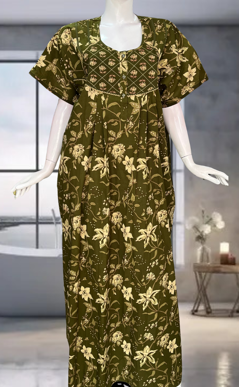 Mehndi Green Garden Pure Cotton Nighty. Pure Durable Cotton | Laces and Frills
