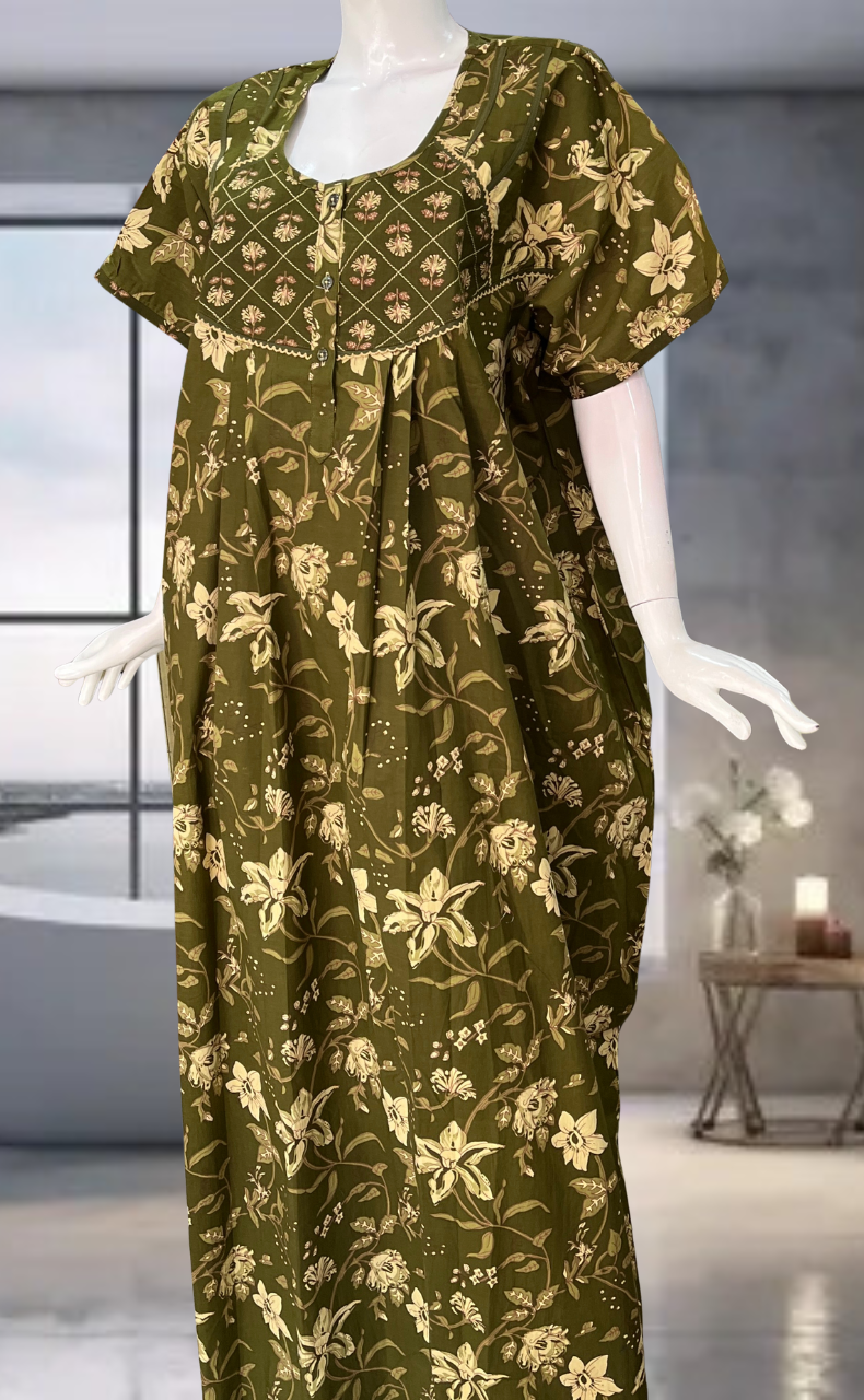 Mehndi Green Garden Pure Cotton Nighty. Pure Durable Cotton | Laces and Frills