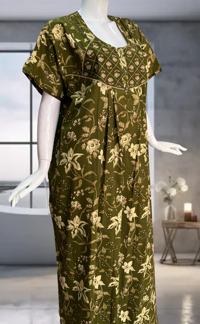 Mehndi Green Garden Pure Cotton Nighty. Pure Durable Cotton | Laces and Frills