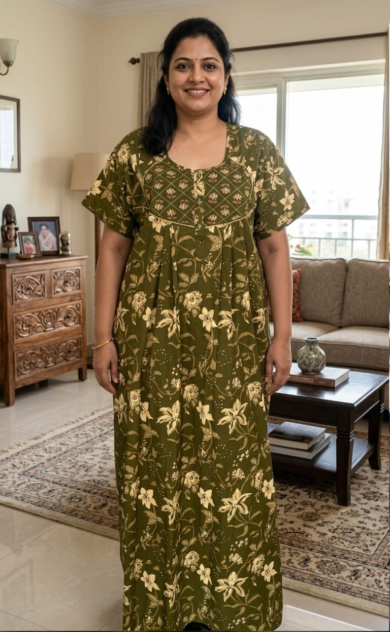Mehndi Green Garden Pure Cotton Nighty. Pure Durable Cotton | Laces and Frills