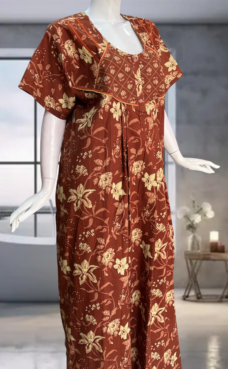 Rust Orange Garden Pure Cotton Nighty. Pure Durable Cotton | Laces and Frills