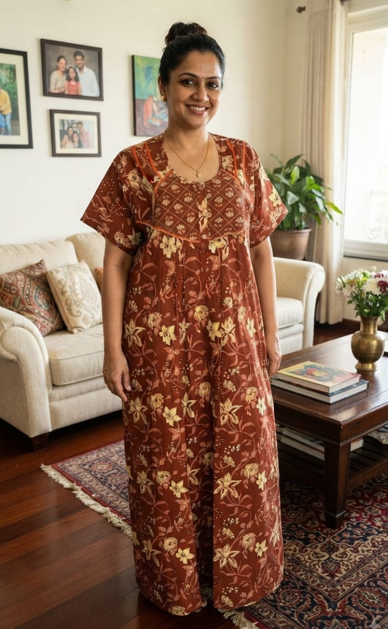 Rust Orange Garden Pure Cotton Nighty. Pure Durable Cotton | Laces and Frills