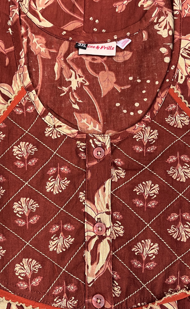 Rust Orange Garden Pure Cotton Nighty. Pure Durable Cotton | Laces and Frills