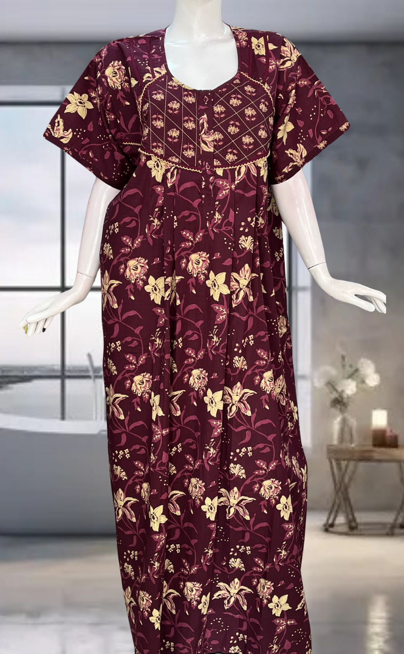 Wine Colour Garden Pure Cotton Nighty. Pure Durable Cotton | Laces and Frills