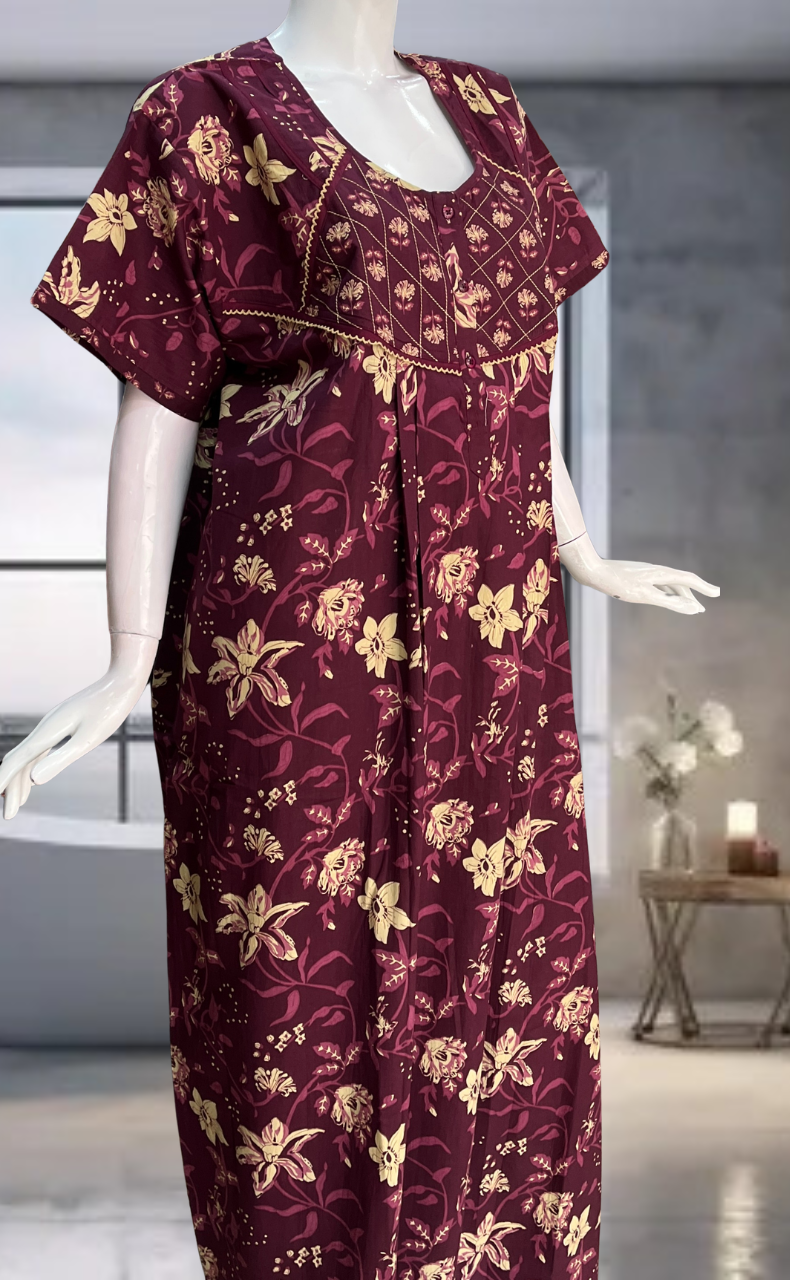Wine Colour Garden Pure Cotton Nighty. Pure Durable Cotton | Laces and Frills