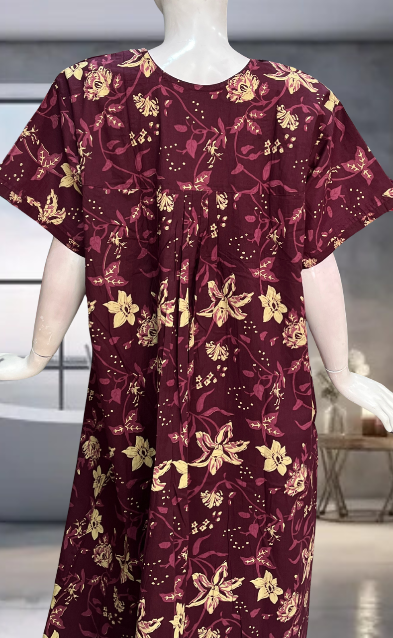 Wine Colour Garden Pure Cotton Nighty. Pure Durable Cotton | Laces and Frills