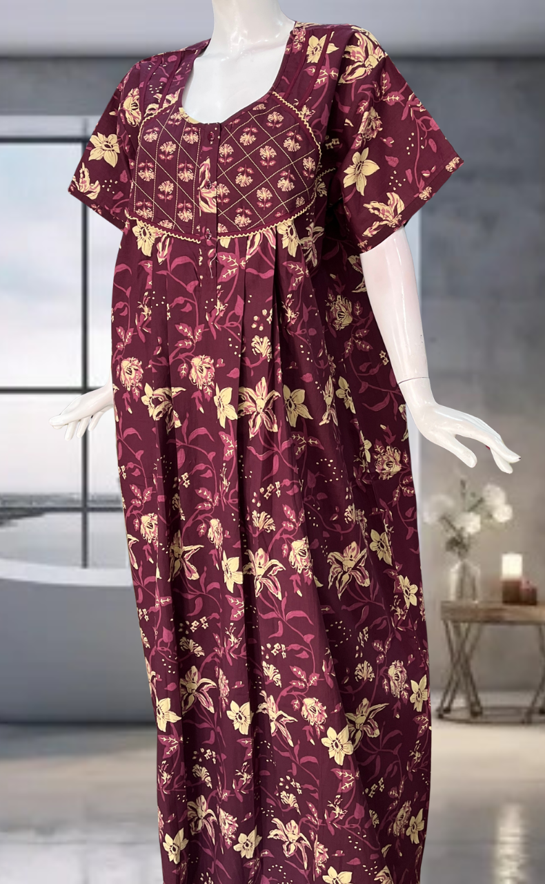Wine Colour Garden Pure Cotton Nighty. Pure Durable Cotton | Laces and Frills