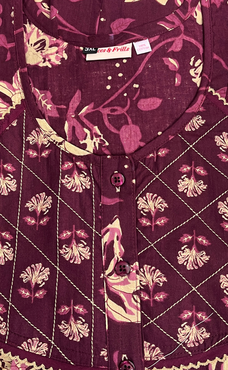 Wine Colour Garden Pure Cotton Nighty. Pure Durable Cotton | Laces and Frills