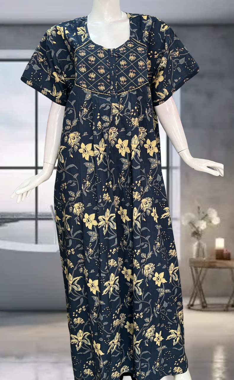 Indigo Blue Garden Pure Cotton Nighty. Pure Durable Cotton | Laces and Frills