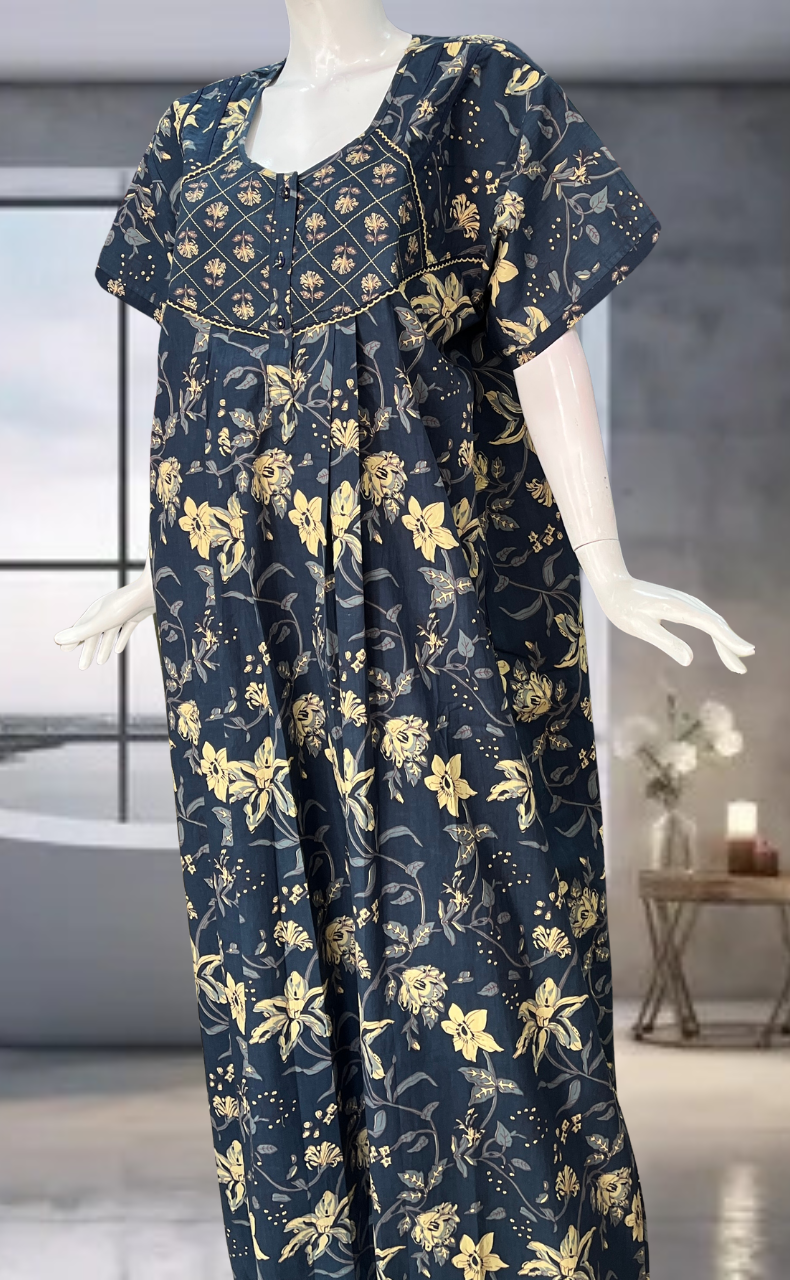 Indigo Blue Garden Pure Cotton Nighty. Pure Durable Cotton | Laces and Frills