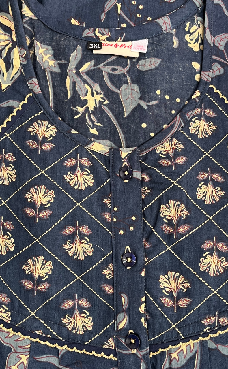 Indigo Blue Garden Pure Cotton Nighty. Pure Durable Cotton | Laces and Frills