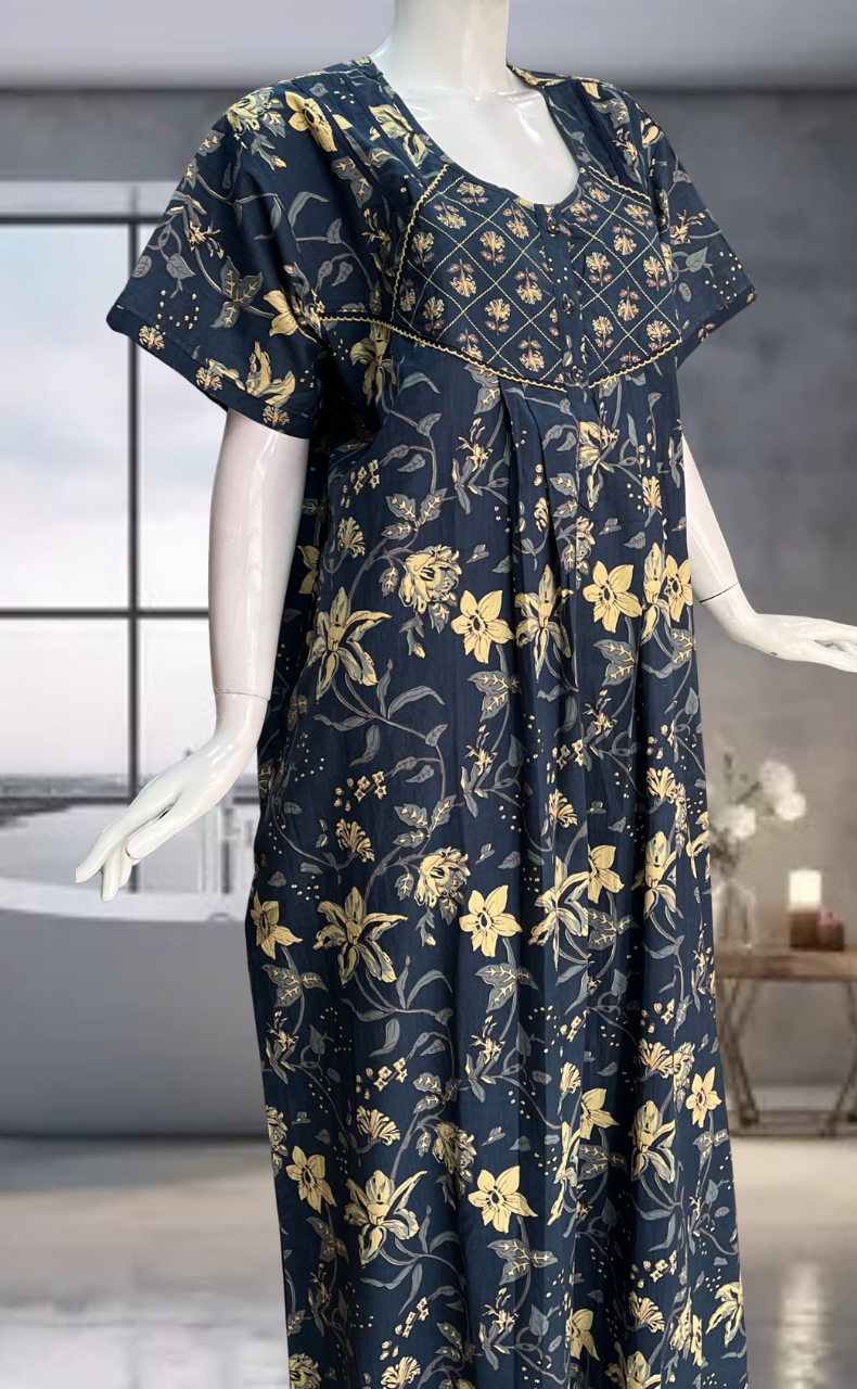 Indigo Blue Garden Pure Cotton Nighty. Pure Durable Cotton | Laces and Frills
