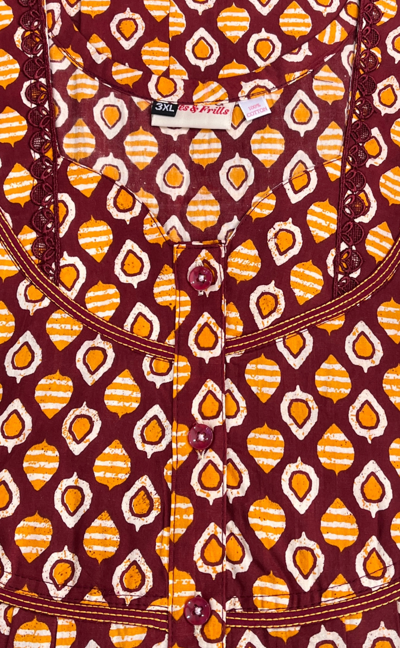 Maroon Leafy Pure Cotton Nighty. Pure Durable Cotton | Laces and Frills