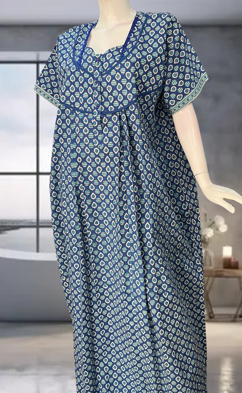 Blue Leafy Pure Cotton Nighty. Pure Durable Cotton | Laces and Frills