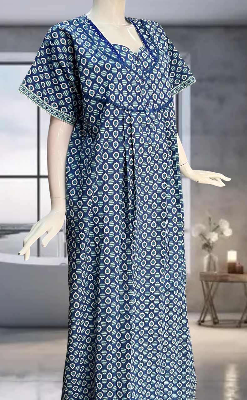 Blue Leafy Pure Cotton Nighty. Pure Durable Cotton | Laces and Frills