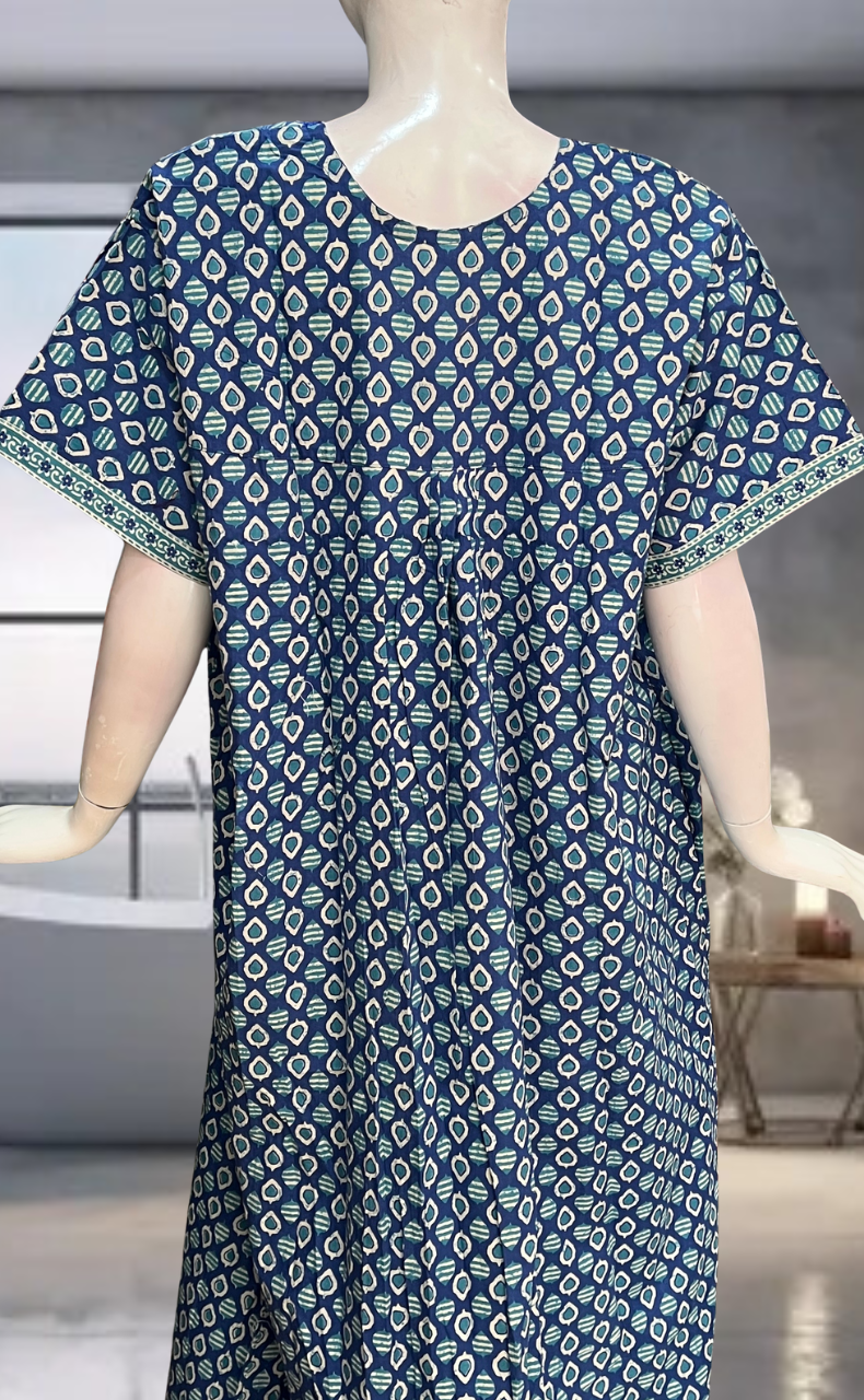Blue Leafy Pure Cotton Nighty. Pure Durable Cotton | Laces and Frills