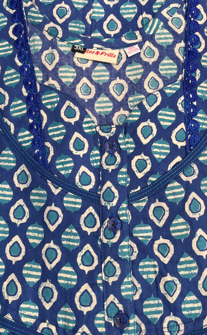 Blue Leafy Pure Cotton Nighty. Pure Durable Cotton | Laces and Frills