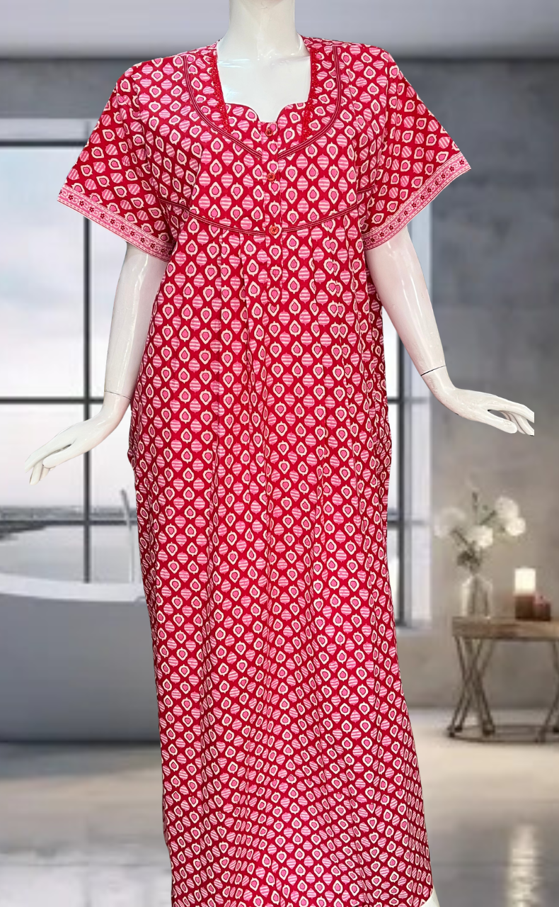 Red Leafy Pure Cotton Nighty. Pure Durable Cotton | Laces and Frills