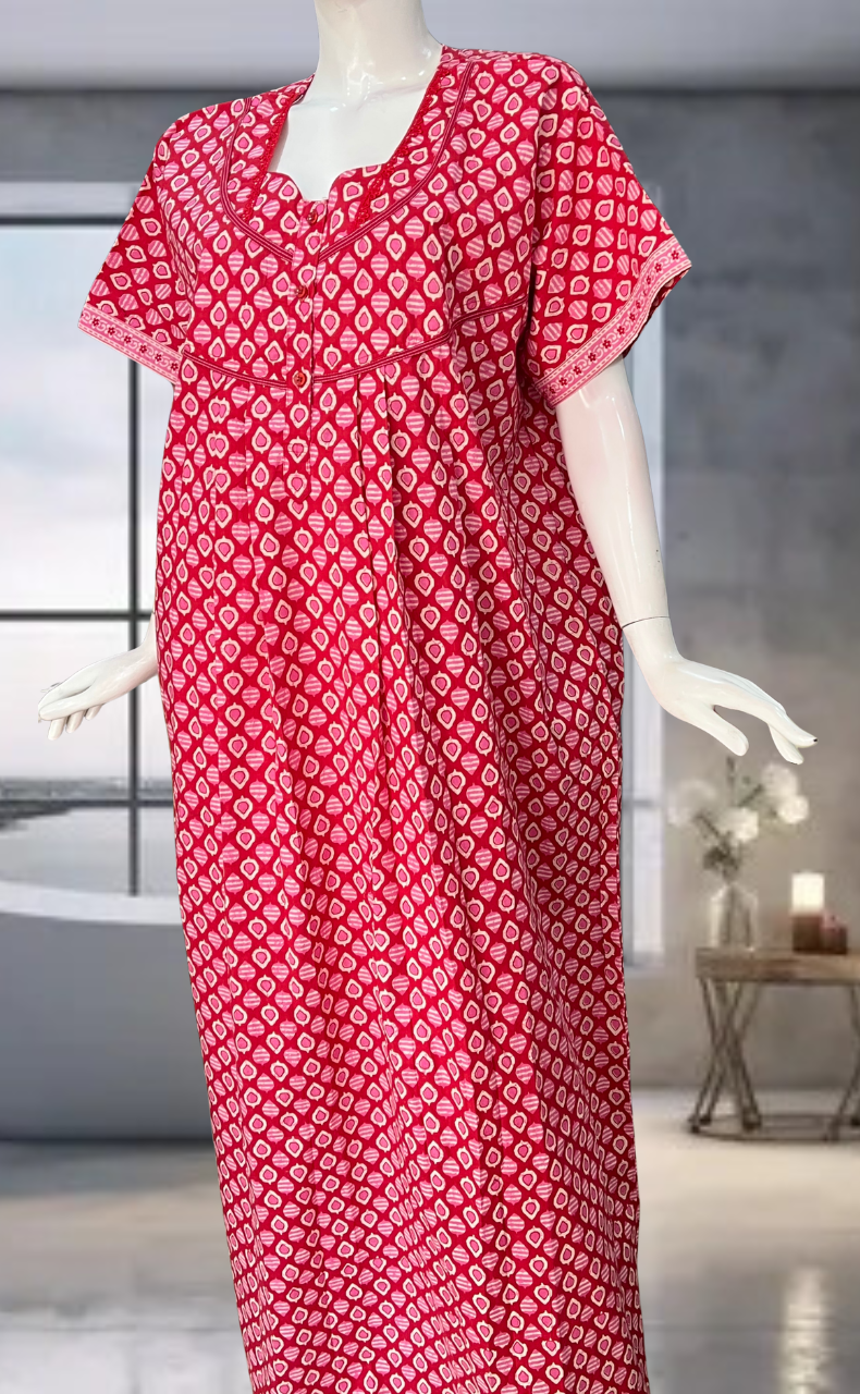 Red Leafy Pure Cotton Nighty. Pure Durable Cotton | Laces and Frills