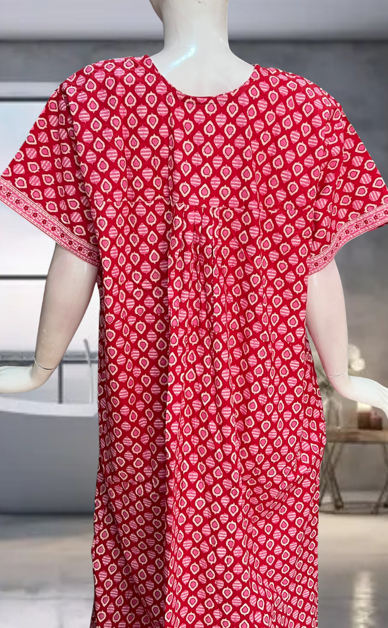 Red Leafy Pure Cotton Nighty. Pure Durable Cotton | Laces and Frills
