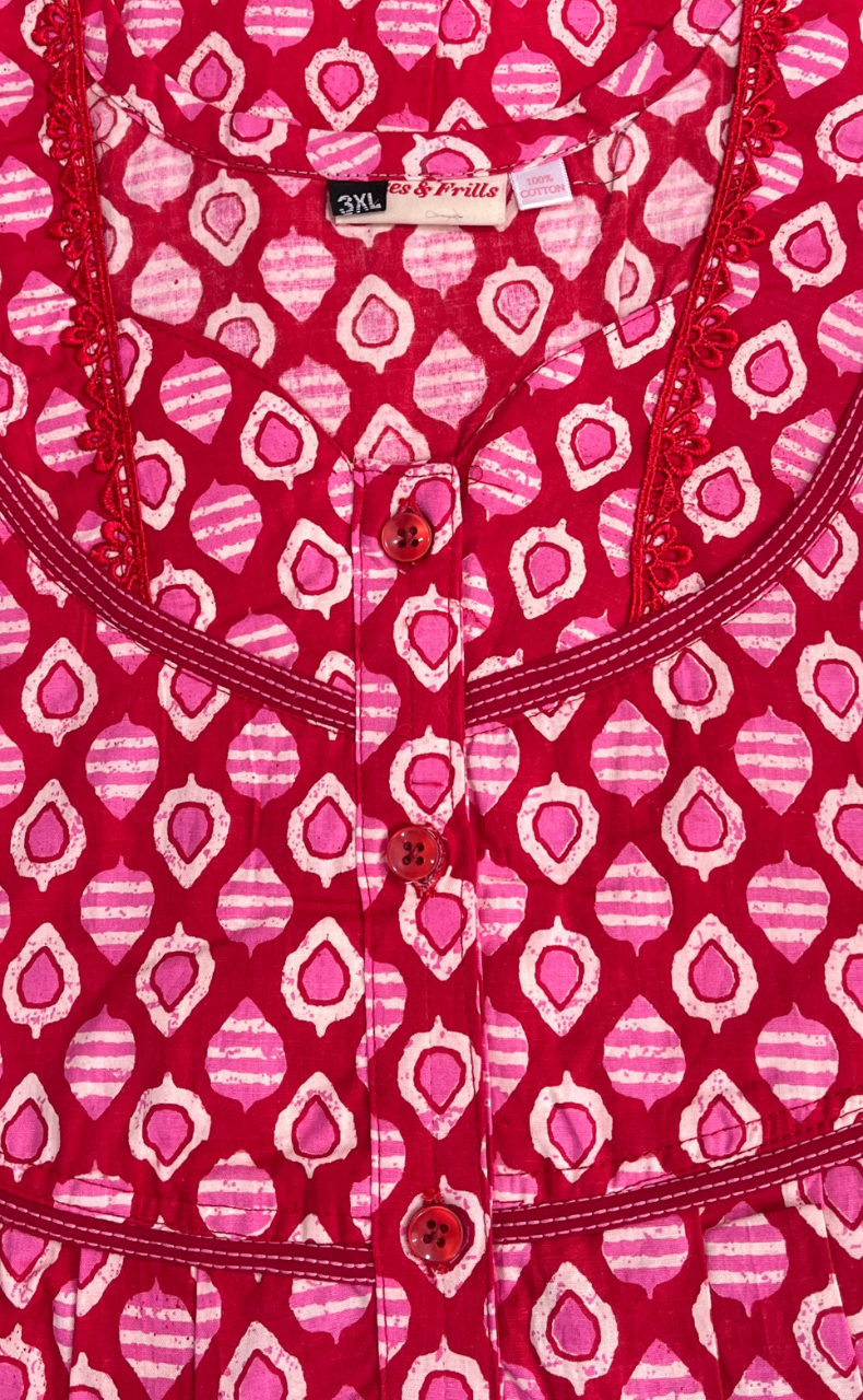 Red Leafy Pure Cotton Nighty. Pure Durable Cotton | Laces and Frills