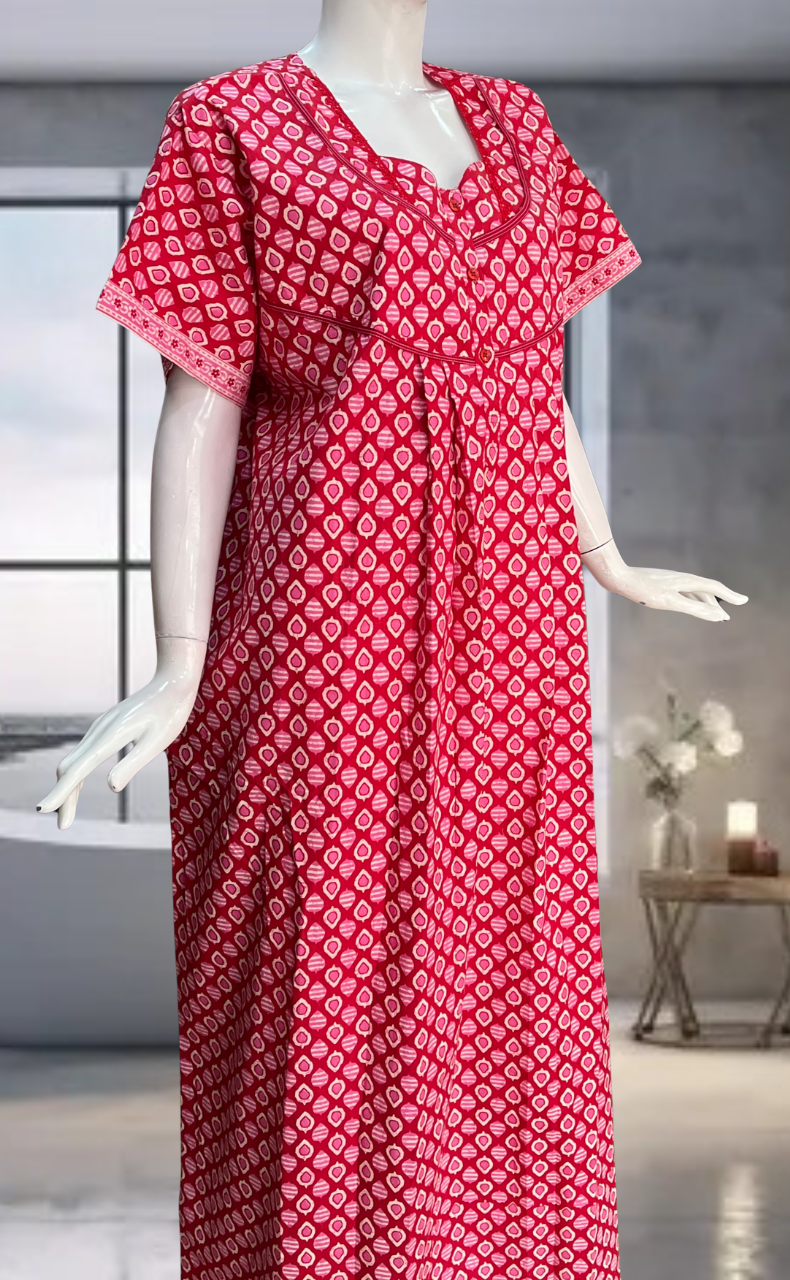 Red Leafy Pure Cotton Nighty. Pure Durable Cotton | Laces and Frills