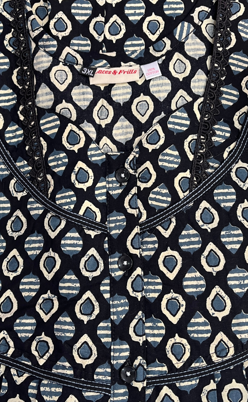 Black Leafy Pure Cotton Nighty. Pure Durable Cotton | Laces and Frills