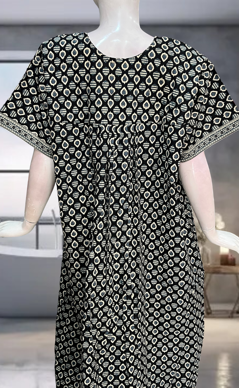 Black Leafy Pure Cotton Nighty. Pure Durable Cotton | Laces and Frills