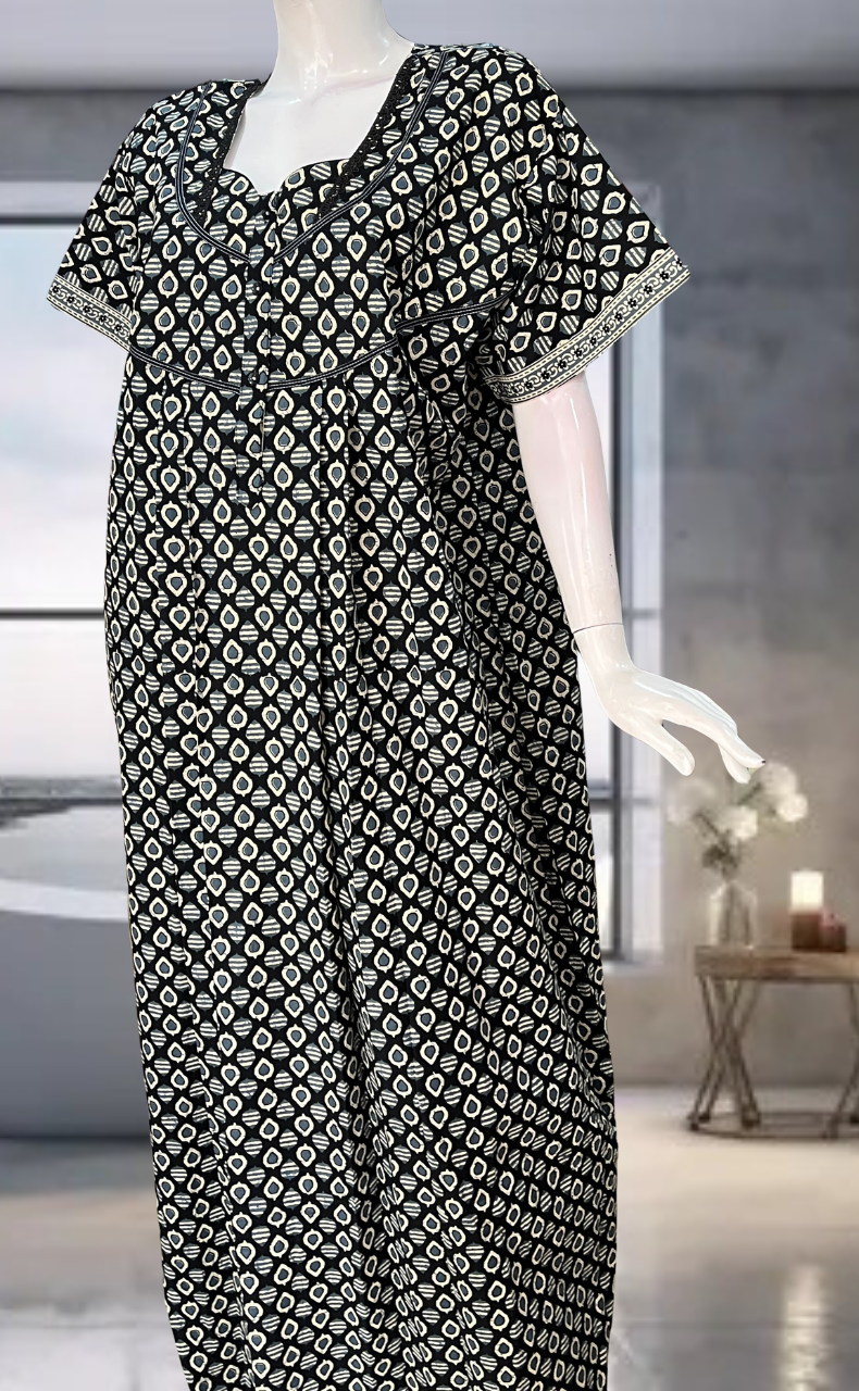 Black Leafy Pure Cotton Nighty. Pure Durable Cotton | Laces and Frills